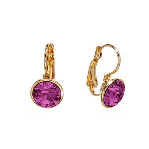Gold Swarovski Crystal Round Leverback Earrings Fuchsia Sparkle NWT